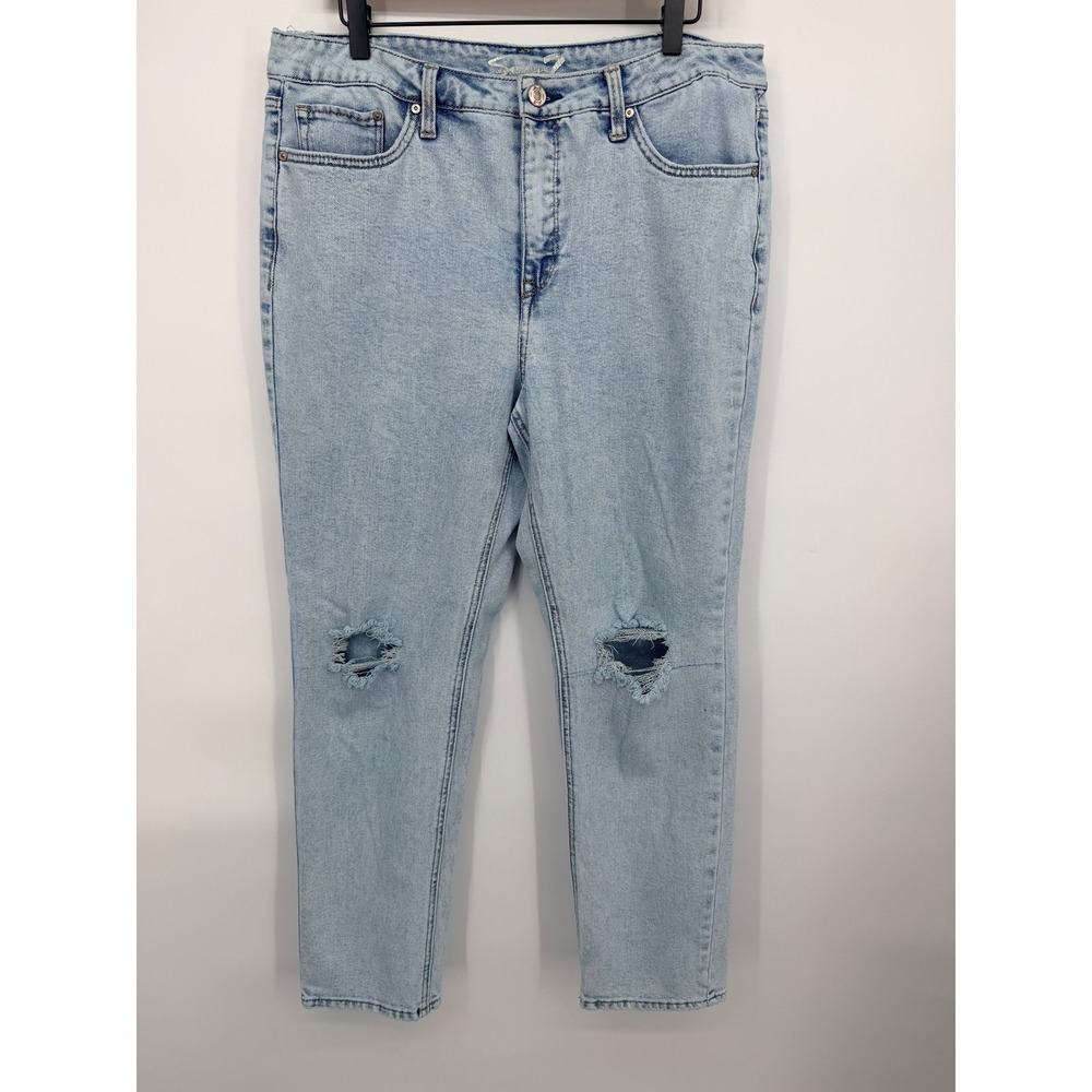 Seven7 High Rise Mom Jeans Women 16 Light Wash Excellent Distressed Tapered